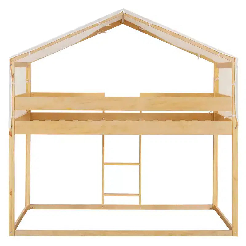 CLIHOME Litera de madera rústica doble sobre doble con tienda de campaña y escalera