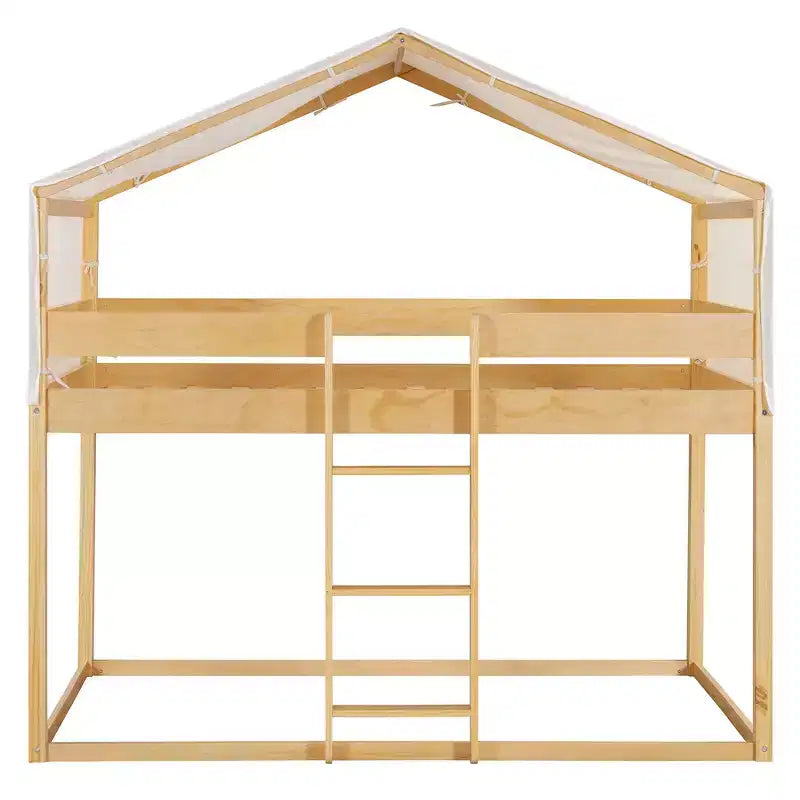 CLIHOME Litera de madera rústica doble sobre doble con tienda de campaña y escalera