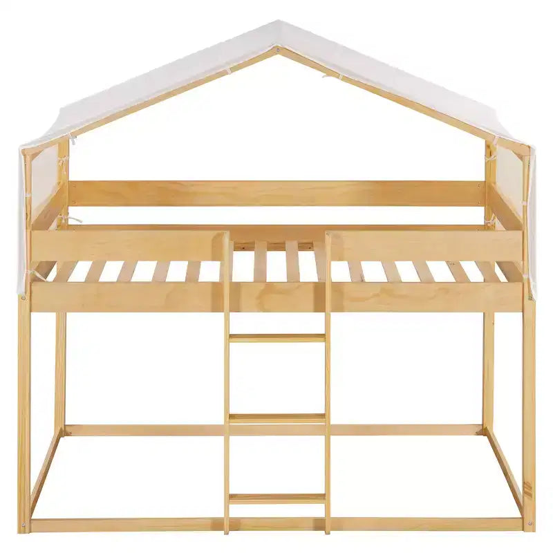 CLIHOME Litera de madera rústica doble sobre doble con tienda de campaña y escalera