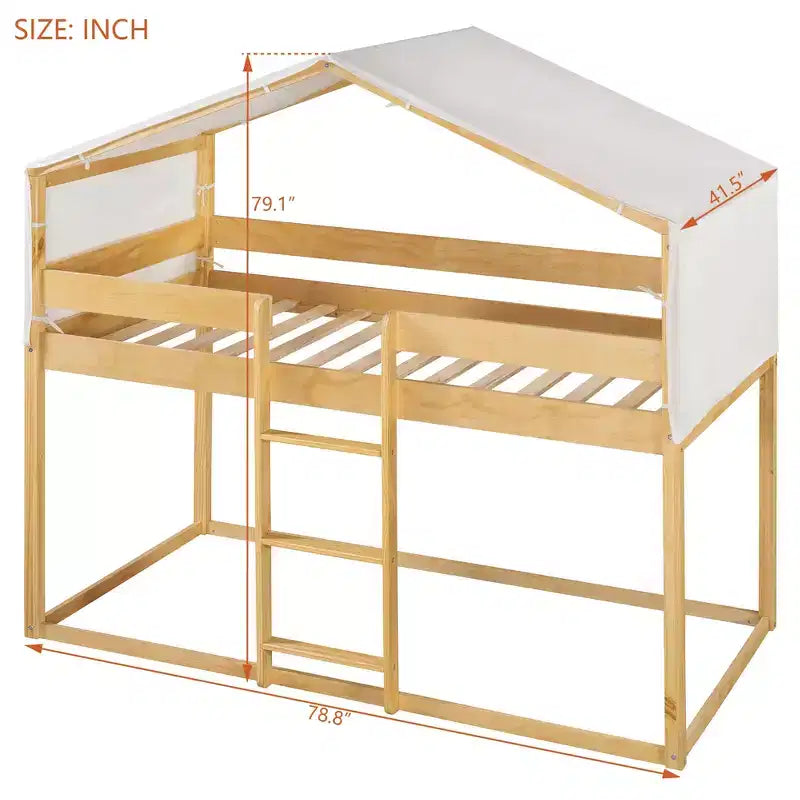 CLIHOME Litera de madera rústica doble sobre doble con tienda de campaña y escalera