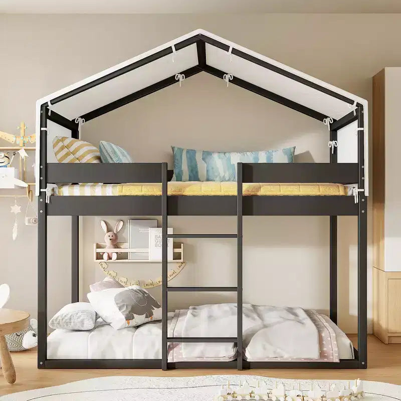 CLIHOME Litera de madera rústica doble sobre doble con tienda de campaña y escalera