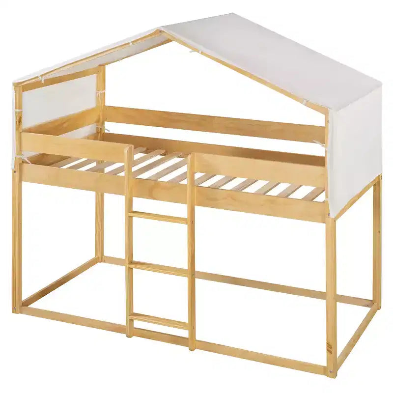 CLIHOME Litera de madera rústica doble sobre doble con tienda de campaña y escalera