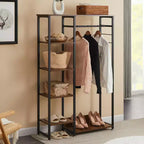 VECELO Open Garment Clothing Rack, Heavy Duty Free-Standing Storage Closet with 5 Shelves & Hanging Rod for Small Spaces, Oak/White