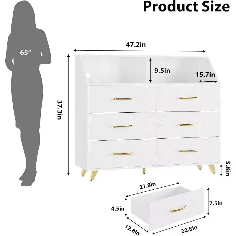 Cómoda moderna de 6 cajones Zstar con luces LED para armario, soporte de TV, sala de estar, entrada