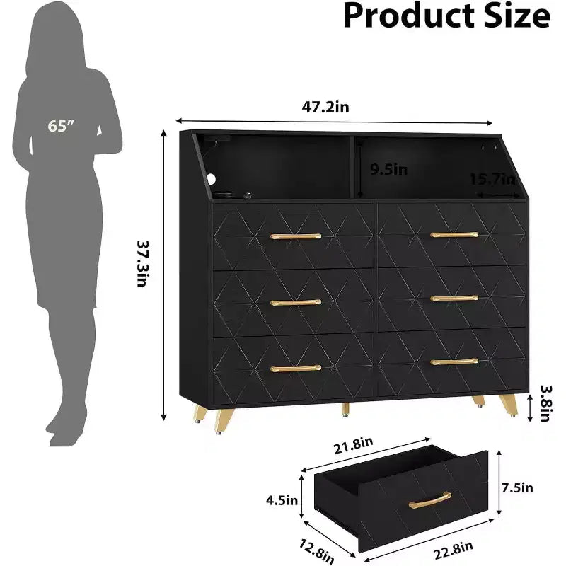 Cómoda moderna de 6 cajones Zstar con luces LED para armario, soporte de TV, sala de estar, entrada