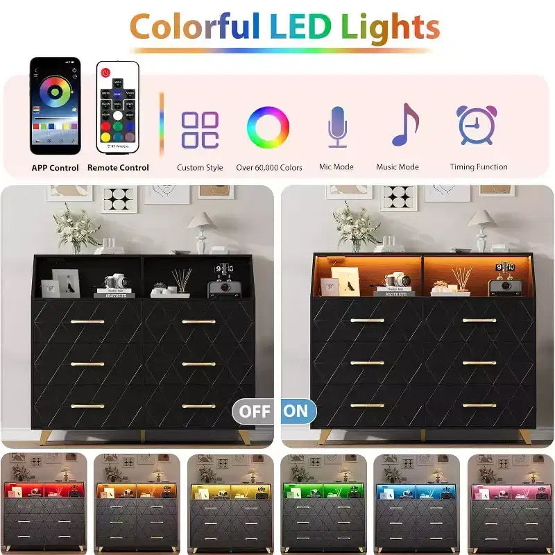 Cómoda moderna de 6 cajones Zstar con luces LED para armario, soporte de TV, sala de estar, entrada