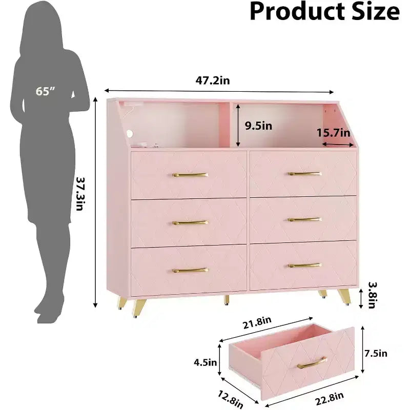 Cómoda moderna de 6 cajones Zstar con luces LED para armario, soporte de TV, sala de estar, entrada