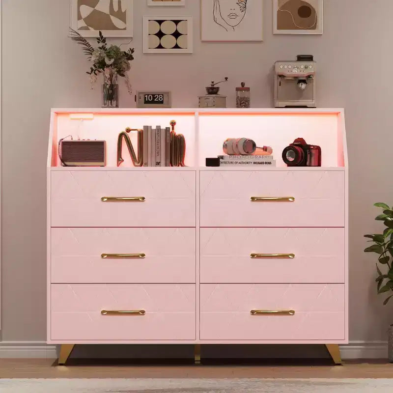 Cómoda moderna de 6 cajones Zstar con luces LED para armario, soporte de TV, sala de estar, entrada