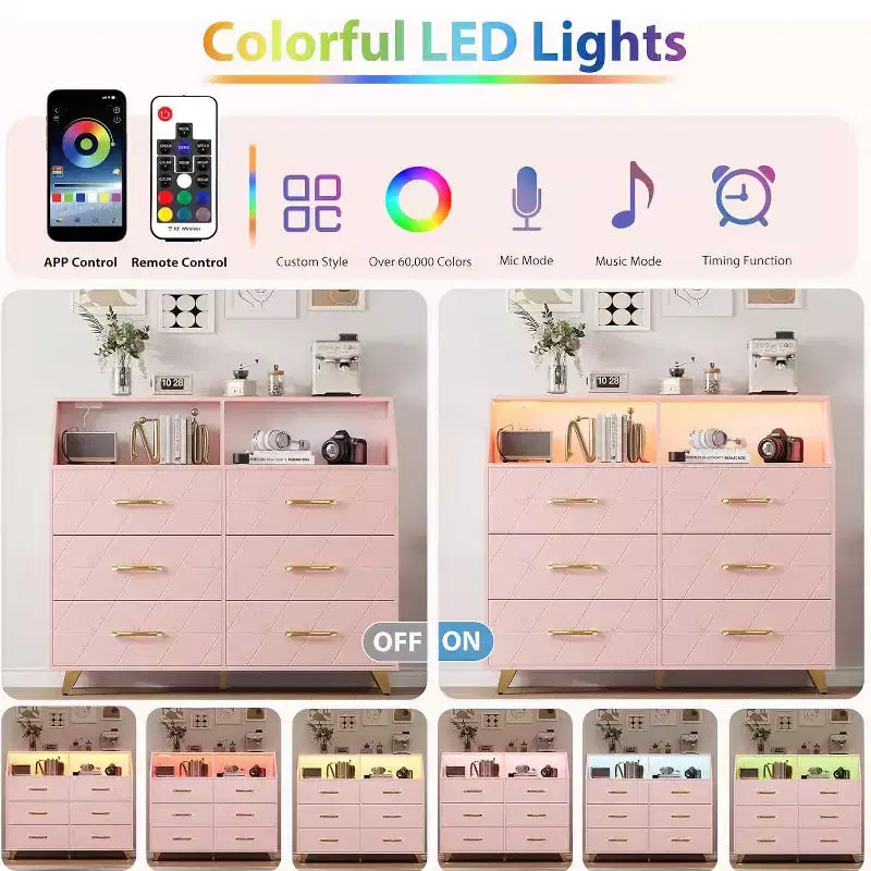 Cómoda moderna de 6 cajones Zstar con luces LED para armario, soporte de TV, sala de estar, entrada