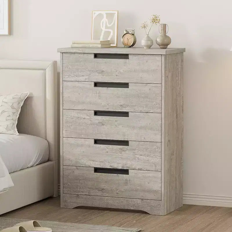 5 Drawer Dresser for Bedroom, Gray Chest of Drawers with Embedded Handles, Wooden Dresser Organizer for Living Room, Nursery, Hallway and Entryway