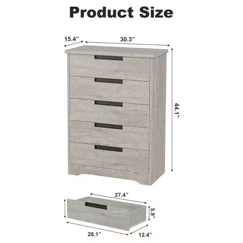 Cómoda de 5 cajones para dormitorio, cajonera gris con tiradores empotrados, organizador de madera para sala de estar, guardería, pasillo y recibidor