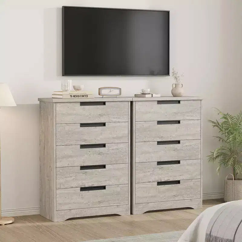 Cómoda de 5 cajones para dormitorio, cajonera gris con tiradores empotrados, organizador de madera para sala de estar, guardería, pasillo y recibidor