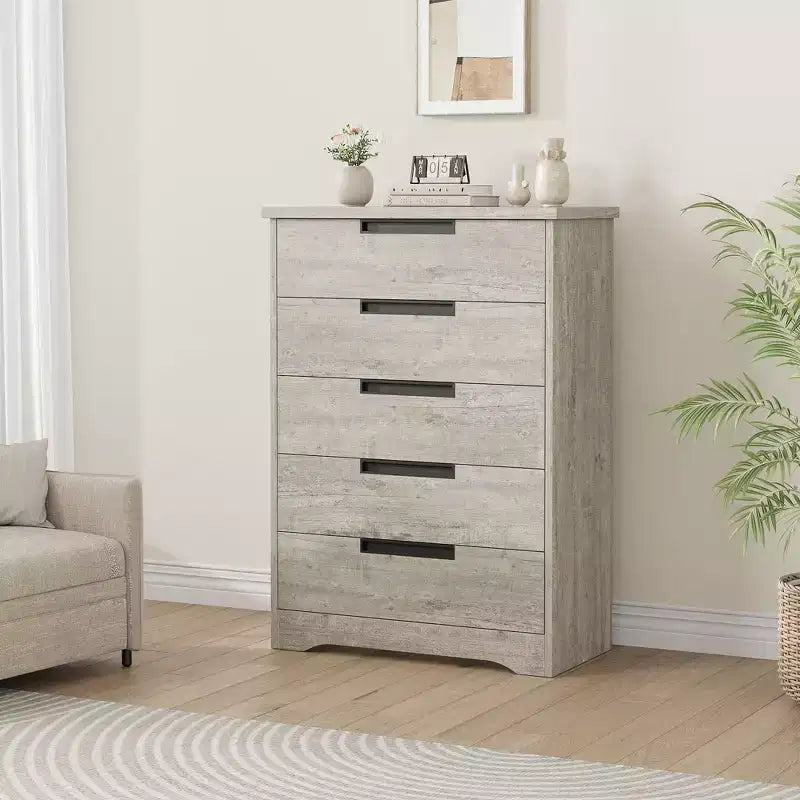 Cómoda de 5 cajones para dormitorio, cajonera gris con tiradores empotrados, organizador de madera para sala de estar, guardería, pasillo y recibidor