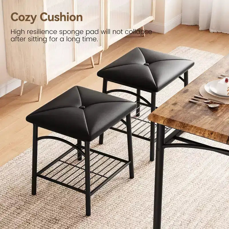 Juego de Mesa de Comedor para 4 con Cubierta de MDF y Estructura Metálica, Mesa de Cocina con Banco Tapizado y Taburetes Cuadrados, Juego de Comedor Compacto con Almacenamiento.