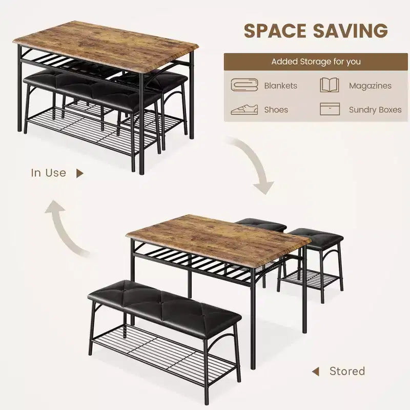 Juego de Mesa de Comedor para 4 con Cubierta de MDF y Estructura Metálica, Mesa de Cocina con Banco Tapizado y Taburetes Cuadrados, Juego de Comedor Compacto con Almacenamiento.