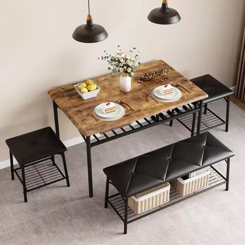 Juego de Mesa de Comedor para 4 con Cubierta de MDF y Estructura Metálica, Mesa de Cocina con Banco Tapizado y Taburetes Cuadrados, Juego de Comedor Compacto con Almacenamiento.
