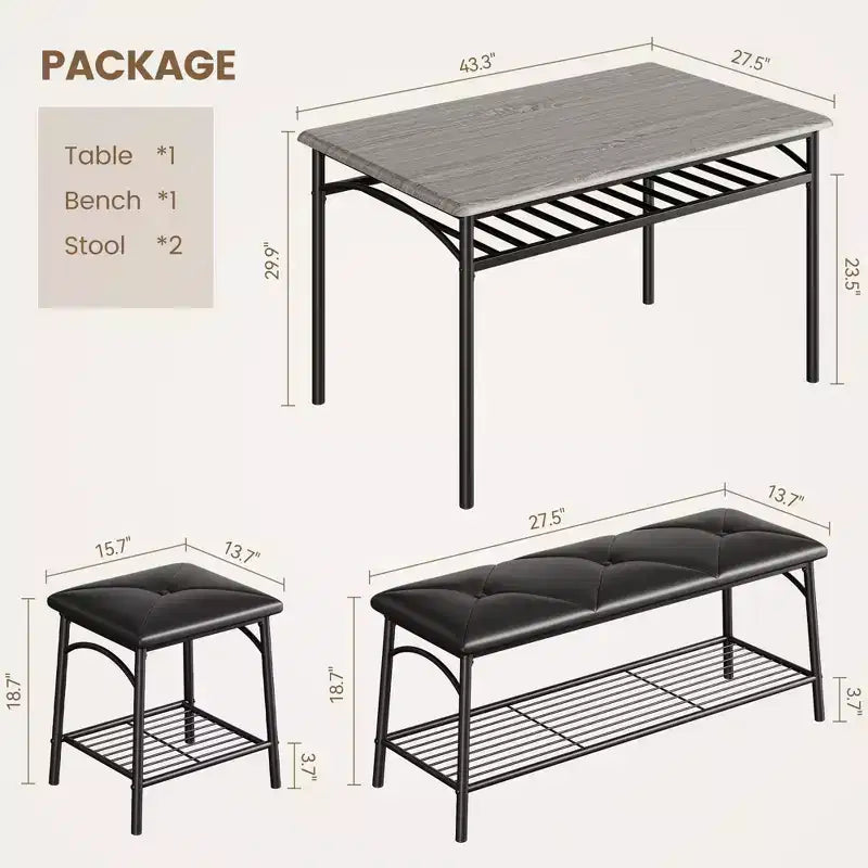 Juego de Mesa de Comedor para 4 con Cubierta de MDF y Estructura Metálica, Mesa de Cocina con Banco Tapizado y Taburetes Cuadrados, Juego de Comedor Compacto con Almacenamiento.