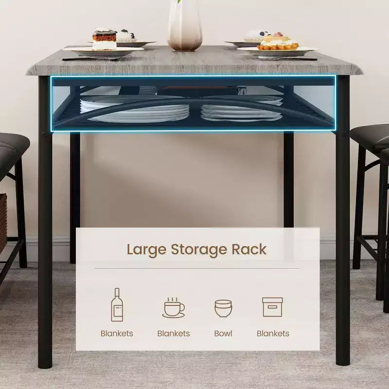 Juego de Mesa de Comedor para 4 con Cubierta de MDF y Estructura Metálica, Mesa de Cocina con Banco Tapizado y Taburetes Cuadrados, Juego de Comedor Compacto con Almacenamiento.
