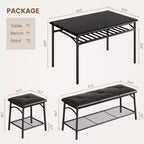 Juego de Mesa de Comedor para 4 con Cubierta de MDF y Estructura Metálica, Mesa de Cocina con Banco Tapizado y Taburetes Cuadrados, Juego de Comedor Compacto con Almacenamiento.