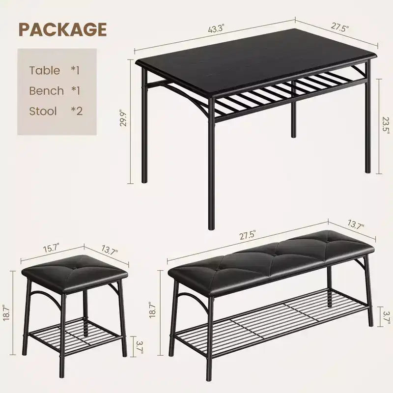 Juego de Mesa de Comedor para 4 con Cubierta de MDF y Estructura Metálica, Mesa de Cocina con Banco Tapizado y Taburetes Cuadrados, Juego de Comedor Compacto con Almacenamiento.