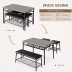 Juego de Mesa de Comedor para 4 con Cubierta de MDF y Estructura Metálica, Mesa de Cocina con Banco Tapizado y Taburetes Cuadrados, Juego de Comedor Compacto con Almacenamiento.