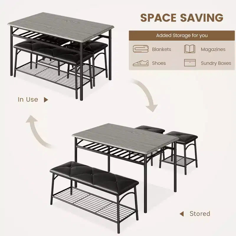 Juego de Mesa de Comedor para 4 con Cubierta de MDF y Estructura Metálica, Mesa de Cocina con Banco Tapizado y Taburetes Cuadrados, Juego de Comedor Compacto con Almacenamiento.