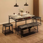 Juego de Mesa de Comedor para 4 con Cubierta de MDF y Estructura Metálica, Mesa de Cocina con Banco Tapizado y Taburetes Cuadrados, Juego de Comedor Compacto con Almacenamiento.