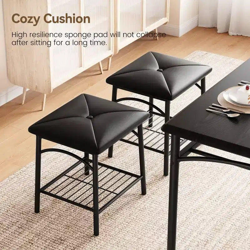 Juego de Mesa de Comedor para 4 con Cubierta de MDF y Estructura Metálica, Mesa de Cocina con Banco Tapizado y Taburetes Cuadrados, Juego de Comedor Compacto con Almacenamiento.