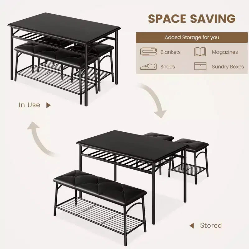 Juego de Mesa de Comedor para 4 con Cubierta de MDF y Estructura Metálica, Mesa de Cocina con Banco Tapizado y Taburetes Cuadrados, Juego de Comedor Compacto con Almacenamiento.