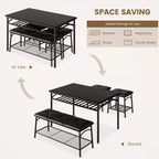 Juego de Mesa de Comedor para 4 con Cubierta de MDF y Estructura Metálica, Mesa de Cocina con Banco Tapizado y Taburetes Cuadrados, Juego de Comedor Compacto con Almacenamiento.