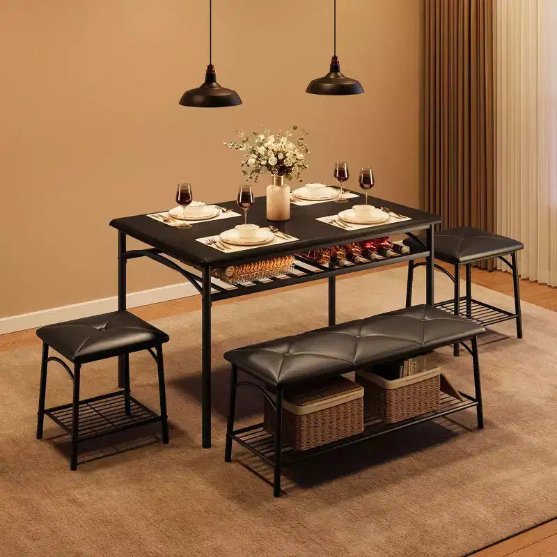 Juego de Mesa de Comedor para 4 con Cubierta de MDF y Estructura Metálica, Mesa de Cocina con Banco Tapizado y Taburetes Cuadrados, Juego de Comedor Compacto con Almacenamiento.