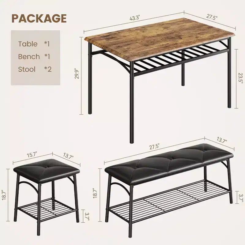Juego de Mesa de Comedor para 4 con Cubierta de MDF y Estructura Metálica, Mesa de Cocina con Banco Tapizado y Taburetes Cuadrados, Juego de Comedor Compacto con Almacenamiento.