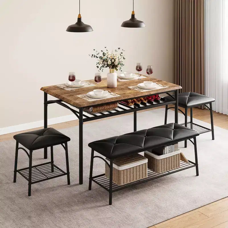 Juego de Mesa de Comedor para 4 con Cubierta de MDF y Estructura Metálica, Mesa de Cocina con Banco Tapizado y Taburetes Cuadrados, Juego de Comedor Compacto con Almacenamiento.