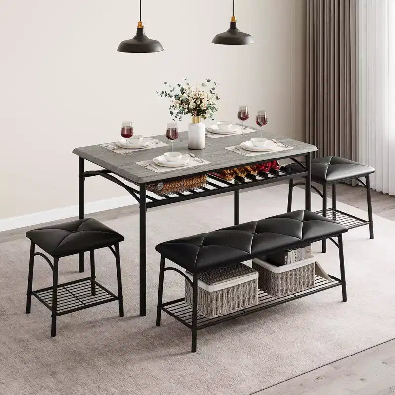 Juego de Mesa de Comedor para 4 con Cubierta de MDF y Estructura Metálica, Mesa de Cocina con Banco Tapizado y Taburetes Cuadrados, Juego de Comedor Compacto con Almacenamiento.