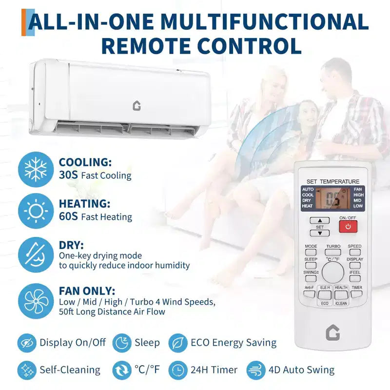 18000 BTU Wifi Mini Split AC, 21 SEER2 208-230V Inverter Ductless Wall AC w/WiFi & Alexa Compatible, Cools Rooms up to 1250 Sq.Ft, Energy Efficient