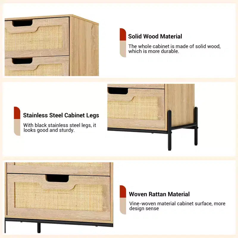 Cómoda de ratán natural, Cómoda de madera, Gabinete de almacenamiento estilo casa de campo, Tocador de dormitorio