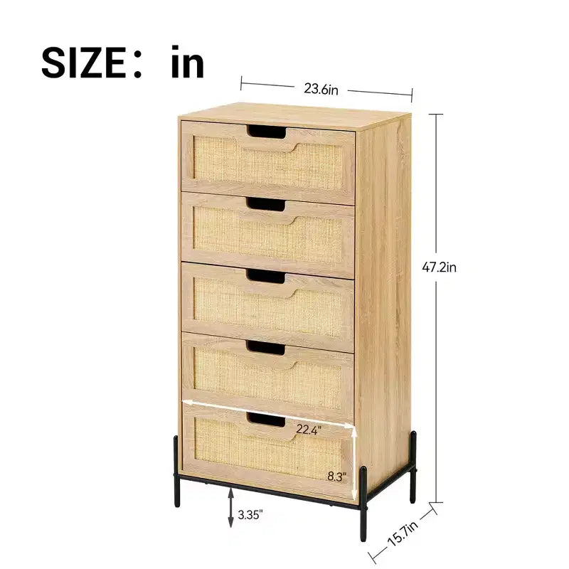 Cómoda de ratán natural, Cómoda de madera, Gabinete de almacenamiento estilo casa de campo, Tocador de dormitorio