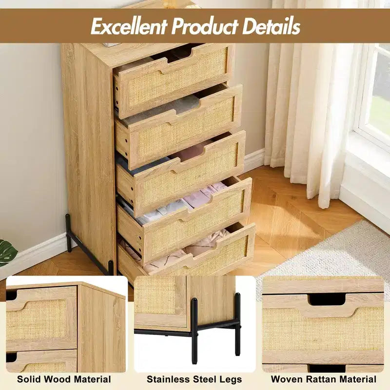 Cómoda de ratán natural, Cómoda de madera, Gabinete de almacenamiento estilo casa de campo, Tocador de dormitorio