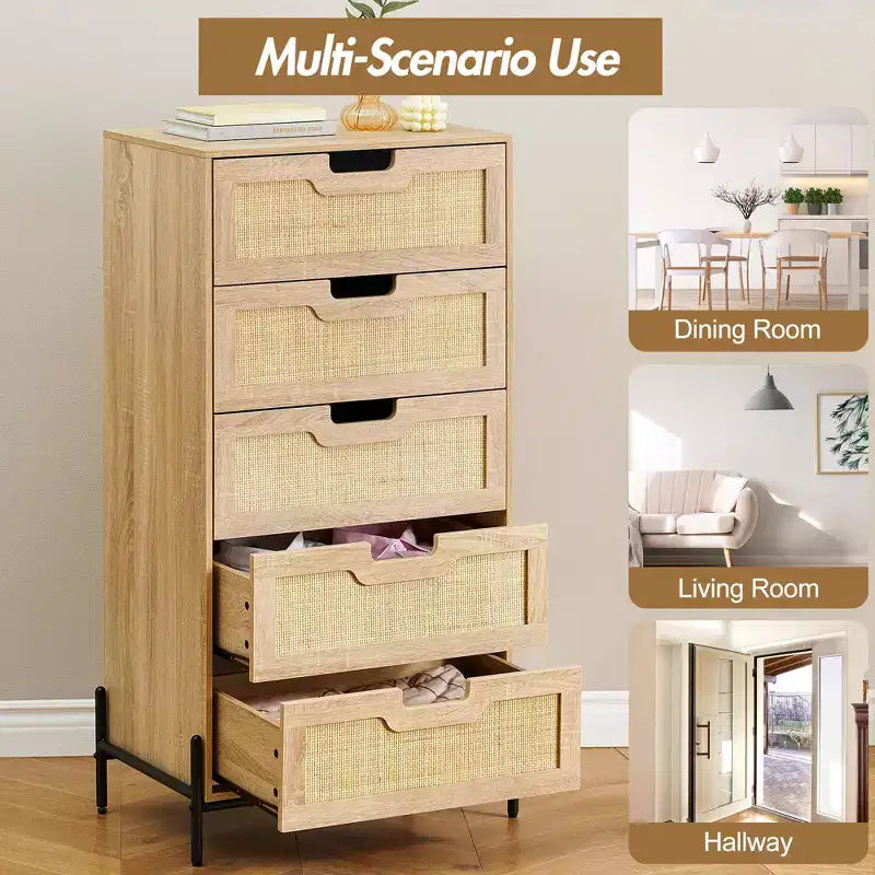 Cómoda de ratán natural, Cómoda de madera, Gabinete de almacenamiento estilo casa de campo, Tocador de dormitorio
