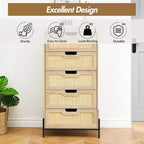 Cómoda de ratán natural, Cómoda de madera, Gabinete de almacenamiento estilo casa de campo, Tocador de dormitorio