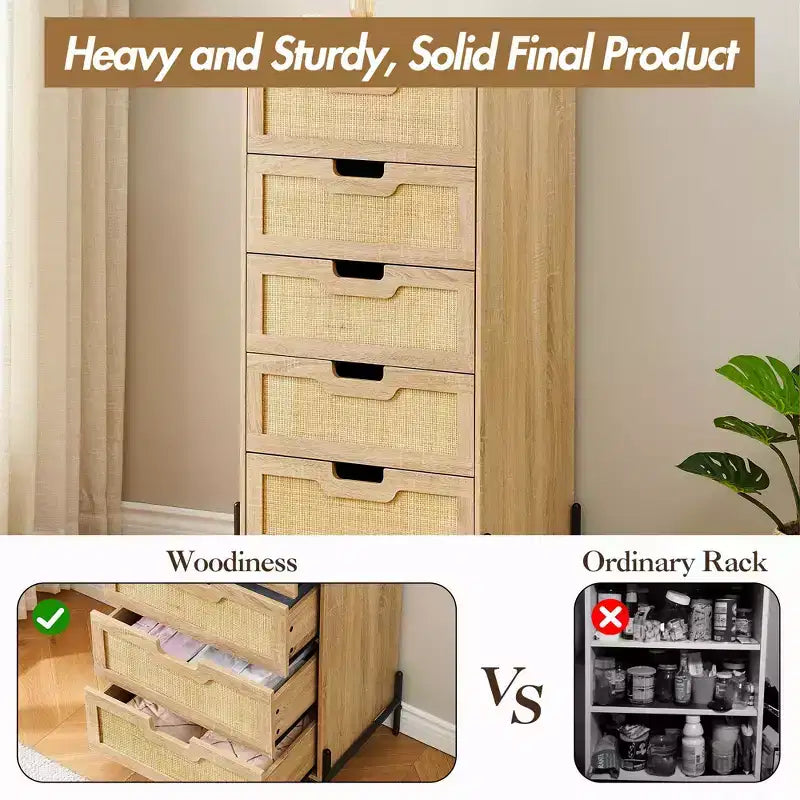 Cómoda de ratán natural, Cómoda de madera, Gabinete de almacenamiento estilo casa de campo, Tocador de dormitorio
