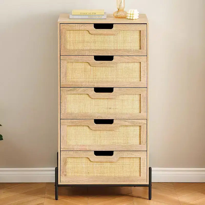Cómoda de ratán natural, Cómoda de madera, Gabinete de almacenamiento estilo casa de campo, Tocador de dormitorio