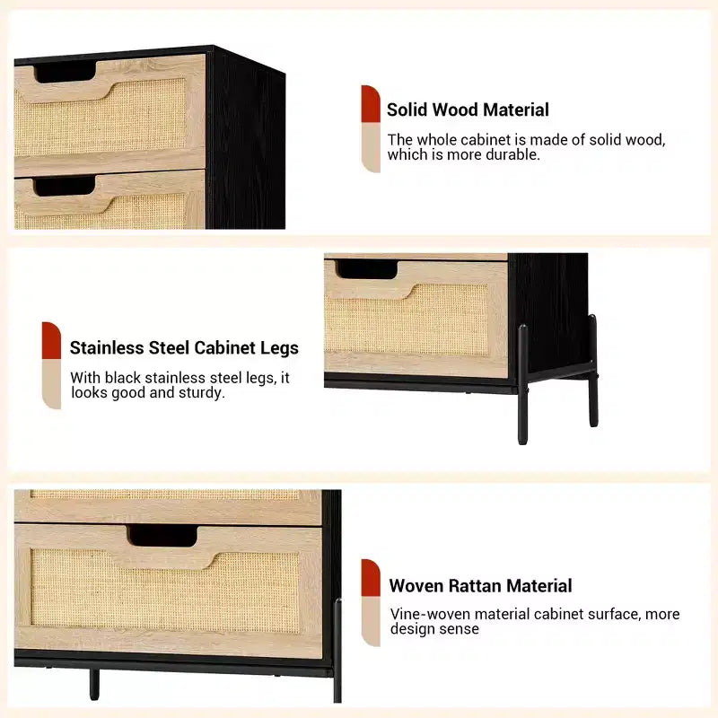Cómoda de ratán natural, Cómoda de madera, Gabinete de almacenamiento estilo casa de campo, Tocador de dormitorio