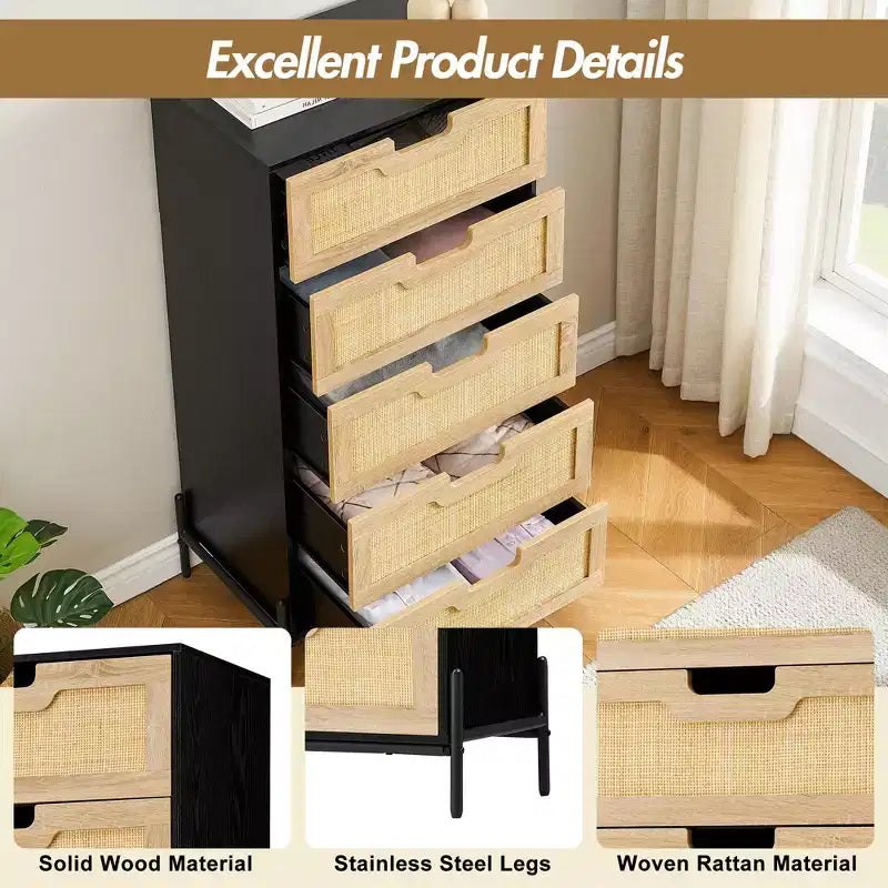 Cómoda de ratán natural, Cómoda de madera, Gabinete de almacenamiento estilo casa de campo, Tocador de dormitorio