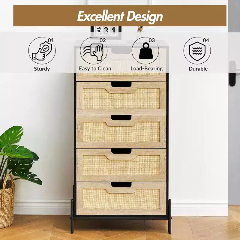 Cómoda de ratán natural, Cómoda de madera, Gabinete de almacenamiento estilo casa de campo, Tocador de dormitorio