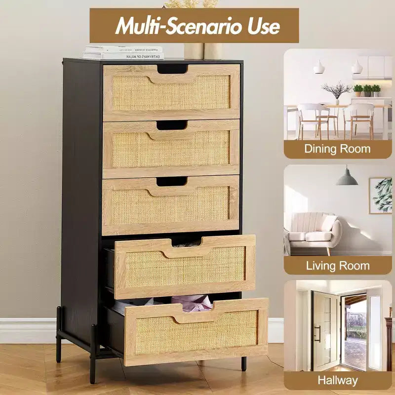 Cómoda de ratán natural, Cómoda de madera, Gabinete de almacenamiento estilo casa de campo, Tocador de dormitorio