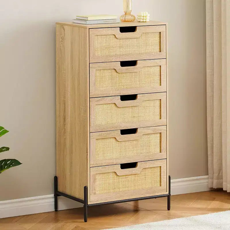 Cómoda de ratán natural, Cómoda de madera, Gabinete de almacenamiento estilo casa de campo, Tocador de dormitorio