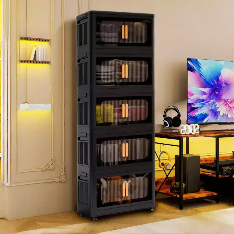 MAYEERTY Armario de almacenamiento plegable de plástico de 5 niveles con puerta magnética y ruedas, 24 lados de ancho, para sala de estar, negro