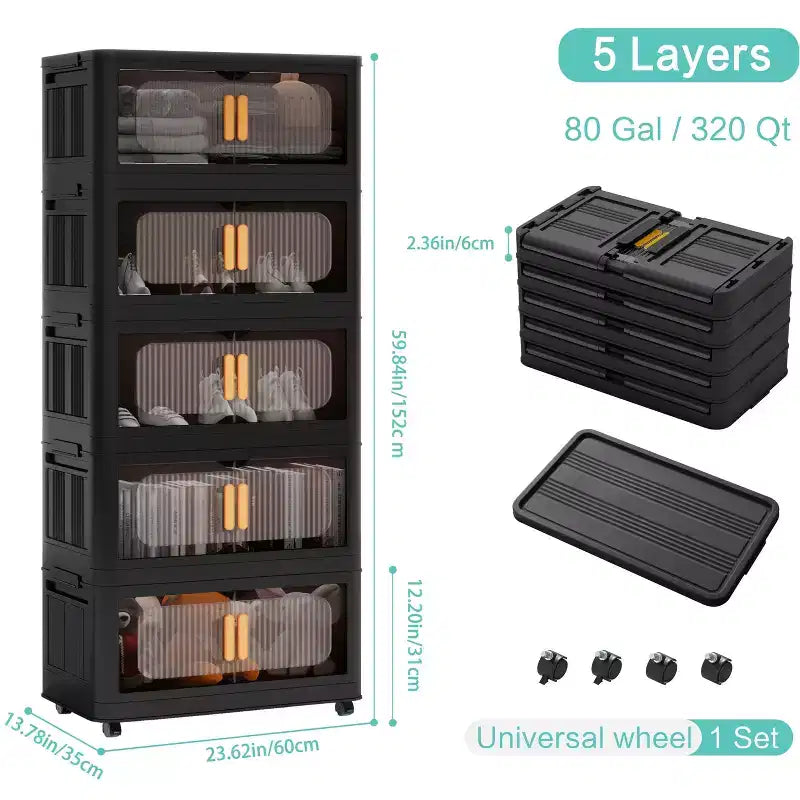MAYEERTY Armario de almacenamiento plegable de plástico de 5 niveles con puerta magnética y ruedas, 24 lados de ancho, para sala de estar, negro