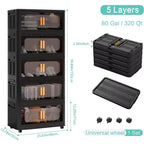 MAYEERTY Armario de almacenamiento plegable de plástico de 5 niveles con puerta magnética y ruedas, 24 lados de ancho, para sala de estar, negro